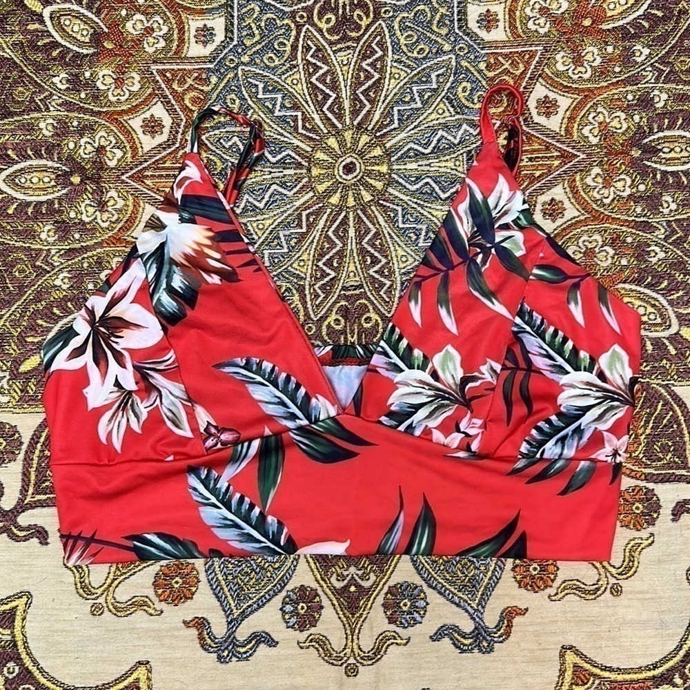 TROPICAL Two Piece Skirt Set Red Size Large Palm Print Lillies Summer - Picture 9 of 16